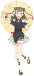  1girl :d above-cleavage_cutout bare_shoulders black_shirt black_shoes brown_hair butterfly_hair_ornament chinese_clothes clothing_cutout double_bun floating_hair flower_knot full_body game_cg gradient_hair hair_bun hair_extensions hair_ornament hasu_no_sora_pop_up_shop_china_collection holding holding_own_hair holding_umbrella kachimachi_kosuzu kneehighs leg_up link!_like!_love_live! looking_at_viewer love_live! mary_janes multicolored_hair non-web_source official_alternate_costume official_art oil-paper_umbrella open_mouth pink_eyes pink_hair ring_hair_extensions shirt shoes shoulder_cutout simple_background smile socks solo tassel transparent_background umbrella virtual_youtuber white_socks yellow_umbrella 
