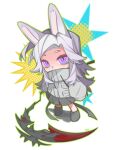  1girl animal_ears aotsuki_eito black_boots black_skirt boots chibi chibi_only chinese_commentary commentary_request covered_mouth drawstring eyeliner genderswap genderswap_(mtf) green_outline grey_hair grey_jacket high_collar highres holding holding_scythe holding_weapon huishi68491 jacket kemonomimi_mode long_hair makeup outline pleated_skirt purple_eyes rabbit_ears red_eyeliner scythe sidelocks skirt solo star_(symbol) the_hundred_line_-last_defense_academy- tsurime weapon 