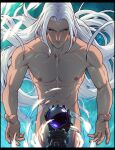  2boys abs aqua_eyes armored_gloves ball black_gloves closed_mouth cloud_strife completely_nude final_fantasy final_fantasy_vii floating fox_bravo gloves glowing glowing_eyes grey_hair holding holding_ball long_hair male_focus materia multiple_boys nude outstretched_arms outstretched_hand parted_bangs pectorals sephiroth 
