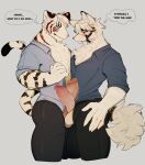 absurd_res balls blush bodily_fluids bottomwear clothing erection felid feline frottage fur genital_fluids genitals glans hi_res humanoid_genitalia humanoid_penis leborkss male mammal mihoyo pants penile penis penises_touching precum sex shirt simple_background standing tail topwear von_lycaon zenless_zone_zero