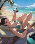  1girl absurdres alternate_costume beach bikini blue_bikini blue_sky breasts brown_hair clip_studio_paint_(medium) cocktail_glass cup dalejomej day drinking_glass gun handgun highres holding holding_cup holding_gun holding_weapon lara_croft long_hair looking_at_viewer medium_breasts outdoors palm_tree sky solo swimsuit tomb_raider tree water weapon 