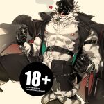  1boy abs absurdres animal_ears animal_nose artist_name bara bare_pectorals biceps black_coat black_gloves black_hat black_pants blush censored chris_sdd cigar coat commentary dislyte furry furry_male gloves grin hat heart highres holding holding_whip jin_qiu_(ru_shou)_(dislyte) leather leather_gloves looking_down male_focus muscular muscular_male nipples open_fly paid_reward_available pants patreon_username pectorals penis penis_peek smile smoke smoking sunglasses symbol-only_commentary tail tiger tiger_boy tiger_ears tiger_stripes tiger_tail unzipped white_background white_fur white_tiger 