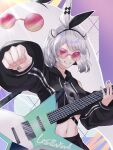  1girl black_hairband black_hoodie breasts clenched_hand copyright_name cropped_hoodie donut_hair_bun electric_guitar grey_eyes grey_hair guitar hair_bun hairband hood hood_down hoodie instrument konpaku_youmu medium_breasts music navel one_eye_closed playing_instrument punching remonedo_(user_mxej3824) short_hair solo tinted_eyewear touhou touhou_lostword 