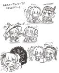  5girls :d bare_shoulders bikini blush_stickers breasts censored character_request chibi cleavage closed_eyes colored_eyelashes cross-shaped_pupils drooling goddess_of_victory:_nikke greyscale hair_intakes hand_to_own_mouth hands_up heart heart-shaped_pupils highres long_hair medium_breasts monochrome mosaic_censoring mouth_drool multiple_girls nayuta_(nikke) rapunzel_(nikke) scarlet_(nikke) shadow simple_background sitting smile snow_white_(nikke) sun_symbol swimsuit symbol-shaped_pupils totatokeke translation_request twintails veil very_long_hair wavy_mouth white_background 