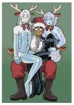 animal_humanoid breasts christmas christmas_clothing christmas_headwear cleavage clothed clothing costume crossdressing crossdressing_male digital_media_(artwork) edward_(starfleetrambo) eyewear fake_antlers fake_ears fake_horns fake_tail female femboy glasses green_background group hair hat headgear headwear hi_res holidays human humanoid iridescent iridescent_body iridescent_hair iridescent_scales lachlann_(starfleetrambo) leotard male mammal marine marine_humanoid not_furry oarfish_humanoid on_lap oskar_(starfleetrambo) reindeer_costume santa_costume santa_hat scales simple_background siren sitting sitting_on_lap smile starfleetrambo trans_(lore) trans_man_(lore) trio