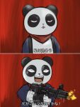 anthro asian_clothing bandai_namco clothing digimon digimon_(species) digimon_beatbreak east_asian_clothing fur gun haori hi_res humor japanese_clothing japanese_text male manic_expression mas_square multicolored_body multicolored_fur pandamon ranged_weapon scarf smile solo submachine_gun text thompson_gun weapon