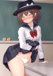  1girl black_hat black_skirt blue_bow blush bow bowtie breasts brown_hair closed_eyes closed_mouth crotch_rub female_masturbation hair_between_eyes hair_bow hat hat_bow highres indoors leaning_forward lifting_own_clothes masturbation medium_hair miniskirt navel panties pleated_skirt red_bow red_bowtie sailor_collar school_uniform serafuku shirt skirt small_breasts solo suigetsu_(watermoon-910) table_humping thighs touhou underwear usami_renko white_bow white_panties white_shirt 