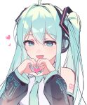  1girl blue_eyes blue_hair collared_shirt commentary_request detached_sleeves hair_ornament hatsune_miku hatsune_miku_(vocaloid3) headphones heart heart_hands highres kurobikari long_hair long_sleeves nail_polish necktie one-hour_drawing_challenge open_mouth portrait see-through_clothes see-through_sleeves shirt sleeveless sleeveless_shirt smile solo twintails vocaloid 