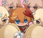  1boy 6+girls @_@ blonde_hair blue_eyes blush flower genshin_impact hair_flower hair_ornament kiki_witch licking_lips lumine_(genshin_impact) mask medium_hair multiple_girls orange_hair short_hair smile surrounded tartaglia_(genshin_impact) tongue tongue_out twitter_username yellow_eyes 