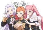  3girls annette_fantine_dominic ascot axe buttons cape commentary edelgard_von_hresvelg fire_emblem fire_emblem:_three_houses forehead garreg_mach_monastery_uniform gloves hair_rings hashtag-only_commentary highres hilda_valentine_goneril long_hair looking_at_another multiple_girls open_mouth orange_hair own_hands_together pink_eyes pink_hair purple_eyes red_cape short_hair simple_background smile symbol-only_commentary tani11a twintails very_long_hair weapon white_ascot white_background white_gloves 