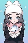  1girl ansha_(pokemon) black_coat black_hair blue_background blue_eyes blush_stickers coat hat heart highres holding holding_pokemon long_hair looking_at_viewer mwm5 open_mouth pink_scarf pokemon pokemon_(creature) pokemon_legends:_z-a scarf snom thick_eyebrows white_hat 