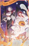  2girls absurdres aotsuki_eito ascot bandaged_leg bandaged_neck bandages barefoot bat_(animal) bat_wings black_hair black_pantyhose black_shoes black_wings blood blood_from_mouth blue_eyes breasts bug buttons candelabra candle candlestand candy chi_bu92189 chinese_commentary collared_shirt commentary_request dress english_commentary english_text eyelashes fangs food frilled_sleeves frills full_body genderswap genderswap_(mtf) ghost ghost_costume grey_hair halloween halloween_bucket halloween_costume happy_halloween highres holding large_breasts leg_up long_hair long_sleeves low_twintails mixed-language_commentary multiple_girls open_mouth pantyhose pencil_skirt pointy_ears red_hair shirt shoes silk skirt smile spider spider_web sumino_takumi surprised the_hundred_line_-last_defense_academy- twintails vampire veil very_long_hair white_ascot white_dress white_shirt white_veil wings 