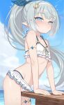  1girl bikini blue_eyes blue_sky blush breasts cameltoe crotch_rub day female_masturbation female_tyrant_(stella_sora) grey_hair hairband heart highres long_hair looking_at_viewer mafunyo masturbation navel open_mouth outdoors pointy_ears ponytail pussy_juice sky small_breasts solo stella_sora swimsuit table_humping tyrant_(stella_sora) white_bikini white_hairband 