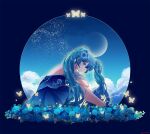  1girl aqua_eyes aqua_hair backless_dress backless_outfit blue_dress blue_flower closed_mouth dress flower hair_between_eyes hair_flower hair_ornament hatsune_miku highres long_hair looking_at_viewer satsuki_(oioi3125) sitting smile solo twintails very_long_hair vocaloid 