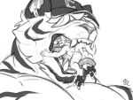  3_toes anthro bodily_fluids cheek_tuft clothing duo facial_tuft fangs feet felid fur hat headgear headwear in_mouth kangaroo macropod male mammal marsupial monochrome muscular muscular_anthro muscular_male nude obscured_eyes on_tongue open_mouth pantherine pecs saliva saliva_string simple_background sketch solaxe solaxe_(artist) striped_body striped_fur striped_neck stripes tail teeth tiger toes tongue tuft 