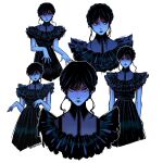  1girl absurdres artist_name black_dress black_hair closed_mouth collared_dress dress frilled_dress frills hair_between_eyes highres lemolunes long_dress looking_at_viewer looking_to_the_side multiple_views sidelocks solo swept_bangs the_addams_family upper_body wednesday_(netflix) wednesday_addams white_background 