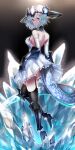  1girl absurdres aqua_hair armored_boots backless_dress backless_outfit black_thighhighs blue_flower boots breasts closed_mouth dragon_girl dragon_horns dress elbow_gloves filene_(shadowverse) flower garter_straps gauntlets gloves hair_between_eyes hair_flower hair_ornament headpiece highres horns ice kagu_(a_hazy_moon) looking_at_viewer looking_back medium_breasts pointy_ears purple_eyes shadowverse sideboob solo thighhighs white_dress white_gloves 