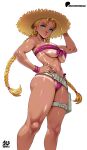  1girl absurdres antenna_hair artist_name belt bikini bikini_tan blonde_hair blush braid breasts cammy_white commentary feet_out_of_frame grey_belt hand_on_own_hat hand_on_own_hip hat highres kyoffie large_breasts lips long_hair long_legs looking_at_viewer navel paid_reward_available patreon_logo patreon_username pink_bikini shiny_skin simple_background solo stomach strapless strapless_bikini street_fighter street_fighter_6 sun_hat swimsuit tan tanlines thighs twin_braids underboob white_background 
