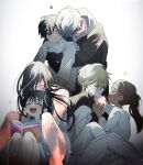  3boys 3girls aged_down alien_stage black_hair black_jacket blonde_hair book brown_hair commentary english_commentary fang fang_out hood hoodie hug hyuna_(alien_stage) ivan_(alien_stage) jacket knees_up long_hair luka_(alien_stage) mizi_(alien_stage) multiple_boys multiple_girls pants ponytail sazare_(sazozo0) shirt short_hair sitting sitting_on_lap sitting_on_person star_(symbol) sua_(alien_stage) till_(alien_stage) white_hoodie white_pants white_shirt 