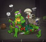 accessory anal anal_penetration argon_vile arms_tied ass_up ball balls basketball_(ball) bdsm blush bodily_fluids bondage bound brother_(lore) brothers_(lore) butt computer controller donatello_(tmnt) electronics english_text erection facesitting genitals group group_sex headband hi_res incest_(lore) laptop machine male male/male male_penetrated mask ninja penetration penis raphael_(tmnt) remote_control reptile roadkill_rodney robot scalie sex shell sibling_(lore) sitting_on_another smile sweat teenage_mutant_ninja_turtles text threesome trio turtle warrior