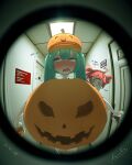  2girls absurdres blush embarrassed english_text halloween halloween_costume hatsune_miku highres kasane_teto multiple_girls pov_peephole pumpkin pumpkin_costume ryouko_c signature teasing trick_or_treat vocaloid 