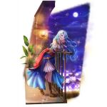  1girl :d against_railing ankle_boots armor armored_boots artist_request bangle bare_shoulders blue_eyes blue_gemstone blue_hair blue_sarong boots bracelet braid braided_ponytail breasts brown_boots cityscape closed_mouth clothing_cutout collared_shirt dress from_side full_body full_moon game_cg gem glint gradient_sarong green_gemstone hair_tubes hands_on_own_stomach high_collar indoors island jewelry lantern leaning_forward leather_armor leg_up light_particles long_hair long_sleeves looking_at_viewer looking_to_the_side medium_breasts metal_hair_tubes moon night night_sky ocean official_art own_hands_together plant plant_request pleated_dress potted_plant purple_gemstone railing red_sash sarong sash shirt short_dress shoulder_cutout side_ponytail simple_background single_hair_tube sky smile solo sparkle standing standing_on_one_leg star_(sky) starry_sky tate_no_yuusha_no_nariagari tate_no_yuusha_no_nariagari_rerise therese_alexanderite transparent_background vambraces white_dress wristband yellow_gemstone 