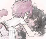  2girls all_fours animal_ear_fluff animal_ears black_hair blush cat_ears cat_girl cat_tail commission covering_own_mouth heart highres long_hair long_sleeves looking_at_another lying multiple_girls on_back original pink_hair shirt short_hair short_sleeves shy tail uruote white_shirt yuri 