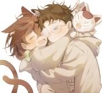  &gt;_&lt; 1boy 1girl 1other animal_ear_fluff animal_ears animal_on_shoulder arms_around_back arms_around_neck ayase_momo blush brown_hair cat cat_boy cat_ears cat_girl cat_on_shoulder cat_tail closed_mouth comimingming commentary couple crossed_bangs dandadan earrings fang furrowed_brow glasses grey_hoodie hair_between_eyes hetero hood hood_down hoodie hug jewelry kemonomimi_mode medium_hair open_mouth parted_bangs round_eyewear short_hair smile symbol-only_commentary tail takakura_ken_(dandadan) turbo_granny_(dandadan) upper_body white_background 