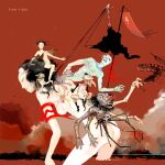  2girls 5others bent_over black_hair bug extra_arms flag giant giantess monster multiple_girls multiple_others nude original raiu red_background riding_person snake spider traditional_youkai 