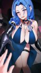  1girl absurdres backless_dress backless_outfit blue_choker blue_dress blue_flower blue_hair blue_rose blurry blurry_background blush breasts choker cleavage commentary dp-12_(girls&#039;_frontline) dress earrings elbow_gloves english_commentary evening_gown flower girls&#039;_frontline girls&#039;_frontline_2:_exilium gloves halter_dress halterneck helen_(girls&#039;_frontline_2) helen_(starlit_waltz)_(girls&#039;_frontline_2) highres jewelry large_breasts long_hair masamura_(masamura_eliza) mole mole_on_breast mole_under_mouth multicolored_hair open_mouth outstretched_hand rose solo streaked_hair thick_thighs thighs twitter_username 