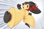 2024 2_toes 3_fingers absurd_res action_pose ambiguous_gender bangs bent_leg black_body black_hair featureless_crotch feet fingers generation_3_pokemon glistening glistening_eyes gloves_(marking) hair hair_mouth hi_res humanoid kick markings mawaifu mawile nintendo open_mouth pokemon pokemon_(species) pose red_eyes scarf sharp_teeth soles solo speed_lines teeth toes yellow_body