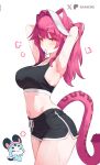  1girl absurdres adjusting_hair animal_ears armpits arms_up black_shorts black_sports_bra blush breasts chattino_(raora_panthera) closed_mouth collarbone commentary dolphin_shorts hair_intakes hair_tie_in_mouth hashtag-only_commentary highres hololive hololive_english large_breasts long_hair looking_at_viewer mouth_hold multicolored_hair namiorii navel panther_ears panther_girl panther_tail pink_hair pink_tail raora_panthera shorts simple_background sports_bra stomach streaked_hair sweat symbol-only_commentary tail thighs two-tone_hair virtual_youtuber white_background white_hair yellow_eyes 