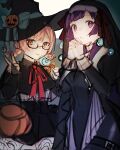  2girls arianna_caledonia black_dress candy chloe_de_gervaise dress food glasses halloween halloween_bucket halloween_costume hat highres holding holding_candy holding_food holding_lollipop jack-o&#039;-lantern_hat_ornament lollipop long_hair multiple_girls nun pink_hair praying purple_eyes purple_hair sakuraso sekaiju_no_meikyuu shin_sekaiju_no_meikyuu_2 sketch witch witch_hat 