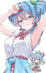  1girl abs annoyed armpits arms_up blue_eyes blue_hair blush bow bowtie breasts checkered_bow checkered_bowtie checkered_clothes cherry cherry_earrings cherry_pop_(vocaloid) chibi chibi_inset commentary commentary_request cowboy_shot cutlass_(classic_chocolate) double_bun earrings food food-themed_earrings fruit hair_between_eyes hair_bun hatsune_miku highres jewelry light_blush looking_at_viewer medium_breasts multiple_views partially_unbuttoned patterned_clothing sidelocks simple_background sleeves_rolled_up solo speech_bubble tongue tongue_out upper_body white_background 