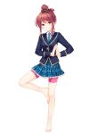  1girl balancing_on_leg barefoot blue_necktie blue_skirt brown_hair closed_mouth full_body girlfriend_(kari) heart heart_print jacket looking_at_viewer miniskirt necktie official_art pink_bike_shorts plaid_clothes plaid_skirt pleated_skirt posing purple_eyes qp:flapper school_uniform scrunchie shirt simple_background skirt smile solo standing takeuchi_mimi thighs transparent_background white_shirt yoga 