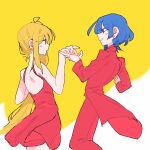  2girls ahoge alternate_costume blonde_hair blue_hair blush bocchi_the_rock! dancing dress exposed_back firstsinneruni highres holding_hands ijichi_nijika long_hair multiple_girls orange_eyes red_dress red_suit short_hair side_ponytail simple_background smile suit two-tone_background white_background yamada_ryo yellow_background yellow_eyes yuri 