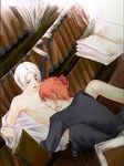  2boys allen_walker black_shirt blush book books cum d.gray-man earrings grey_eyes jewelry lavi library lick licking lowres male male_focus multiple_boys open_clothes open_shirt pants_around_one_leg red_hair shelf shelves shirt sitting tattoo tongue undressing white_hair yaoi 