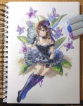  1girl art_tools_in_frame black_boots black_dress boots bow breasts brown_hair bug butterfly cleavage commentary_request dress flower full_body hair_bow highres idolmaster knee_boots lace-up_boots long_hair marker_(medium) namagai_cos shibuya_rin sitting solo traditional_media 