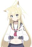  1girl :&lt; absurdres animal_ear_fluff animal_ears black_choker black_gloves black_sailor_collar blonde_hair blue_archive blush choker clenched_hands closed_mouth clothes_lift commentary_request cowboy_shot fang fenrir-banana fox_ears fox_girl frown gloves green_eyes green_halo hair_between_eyes halo hands_up highres kurumi_(blue_archive) lifting_own_clothes long_hair long_sleeves looking_at_viewer navel neckerchief presenting_stomach red_neckerchief sailor_collar school_uniform serafuku shirt shirt_lift shy sidelocks simple_background skin_fang solo stomach straight-on straight_hair triangle_halo two_side_up v-shaped_eyebrows very_long_hair white_background white_shirt 