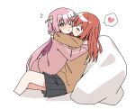  2girls arms_around_neck black_skirt blue_eyes blush bocchi_the_rock! brown_shirt closed_mouth cube_hair_ornament flying_sweatdrops gotoh_hitori hair_ornament haru_(konomi_150) heart hug jacket kiss kita_ikuyo long_hair multiple_girls one_eye_closed one_side_up pink_hair pink_jacket pleated_skirt red_hair school_uniform shirt shuka_high_school_uniform simple_background skirt spoken_heart white_background yuri 