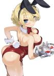  1girl absurdres alternate_costume animal_ear_hairband animal_ears ass blaze_(blazeillust) blonde_hair blue_eyes blush breasts closed_mouth cup darjeeling_(girls_und_panzer) drink fake_animal_ears fake_tail girls_und_panzer hairband highres leotard looking_at_viewer playboy_bunny rabbit_ears rabbit_tail red_leotard side-tie_leotard simple_background solo tail teacup teapot tray wavy_mouth white_background white_wrist_cuffs wrist_cuffs 