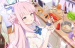  1girl =_= bandaid bandaid_on_hand black_scrunchie blonde_hair blue_archive blue_bow blue_bowtie blunt_bangs blush blush_stickers bow bowtie breasts cabbage commentary_request cooking dress dual_wielding dutch_angle eyelashes flower food food_on_face frown furrowed_brow glint hair_bun hair_flower hair_ornament halo hands_up highres holding holding_plate holding_whisk holy-san_(makuu) indoors kitchen large_breasts lens_flare long_hair looking_at_viewer microwave mika_(blue_archive) open_mouth pink_hair pink_halo plate school_uniform scrunchie sidelocks single_side_bun smile solo split_mouth sweatdrop thumbs_up upper_body very_long_hair whisk white_dress wrist_scrunchie yellow_eyes 