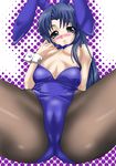  animal_ears asakura_ryouko blue_eyes blue_hair blush breasts bunny_ears long_hair medium_breasts minoura-mino pantyhose self_fondle solo suzumiya_haruhi_no_yuuutsu undressing 