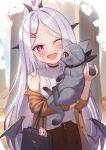  1girl ;d alternate_costume animal animalization black_bag black_horns blue_archive brown_jacket brown_skirt cat commentary_request demon_girl demon_horns demon_wings earrings fried_hoshino_(meme) grey_cat highres hina_(blue_archive) holding holding_animal holding_cat horns hoshino_(blue_archive) iori_(blue_archive) jacket jewelry long_hair low_wings meme one_eye_closed open_mouth purple_eyes purple_wings revision shirt skirt smile uneg upper_body very_long_hair white_hair white_shirt wings 
