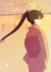  1girl black_eyes black_hair building closed_mouth commentary from_side green_ribbon hair_ribbon houshou_(kancolle) japanese_clothes kantai_collection kimono mihama_machi outdoors pink_kimono ponytail profile railing ribbon solo water 