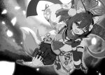  1girl ;3 ;d absurdres animal_ear_fluff animal_ears asymmetrical_legwear blue_archive blush cherry_blossom_print commentary dutch_angle english_commentary fang fighting_stance fishnet_thighhighs fishnets floating_clothes floral_print floral_print_kimono foreshortening fox_ears fox_girl fox_tail fuhao10708 full_body gloves greyscale gun hair_ornament halo hand_up happy highres izuna_(blue_archive) japanese_clothes kimono knee_up kuji-in kunai loafers long_scarf long_sleeves looking_at_viewer medium_hair midair miniskirt mismatched_legwear monochrome ninja one_eye_closed one_side_up outdoors partially_fingerless_gloves pleated_skirt pom_pom_(clothes) pom_pom_hair_ornament print_kimono sailor_collar scarf school_uniform serafuku shirt shoes single_bare_shoulder single_thighhigh skirt sleeveless sleeveless_shirt smile solo tail thighhighs weapon wide_sleeves 