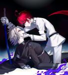  2boys 32017 absurdres ahoge aotsuki_eito armband belt black_belt black_cape black_hair black_jacket black_pants blood blood_on_face blue_eyes cape chinese_commentary commentary_request eyelashes fangs glasses gloves grey_hair halo hand_on_another&#039;s_chin highres holding holding_sword holding_weapon jacket kneeling last_defense_academy_school_uniform male_focus multicolored_hair multiple_boys official_alternate_color open_mouth pants red_hair school_uniform semi-rimless_eyewear short_hair smile spoilers streaked_hair sumino_takumi sword the_hundred_line_-last_defense_academy- two-tone_hair weapon white_armband white_belt white_gloves white_jacket white_pants yaoi 