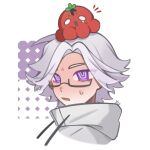  1boy animal_on_head animalization aotsuki_eito black-framed_eyewear chinese_commentary commentary_request cropped_torso curtained_hair drawstring eyes_visible_through_hair high_collar huishi68491 jacket lower_eyelashes_only male_focus notice_lines octopus on_head open_mouth purple_eyes rectangular_eyewear semi-rimless_eyewear short_hair signature sumino_takumi sweat teardrop the_hundred_line_-last_defense_academy- tsurime white_hair white_jacket 