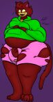2025 anthro belly big_belly big_penis blush bottomwear clothed clothing collar digital_media_(artwork) domestic_cat felid feline felis fur genitals glowing glowing_eyes green_clothing green_eyes green_hoodie green_topwear hi_res hoodie huge_belly isaiahtse male mammal open_mouth penis pink_bottomwear pink_clothing pink_shorts red_body red_fur sharp_teeth shorts shy smile solo tail teeth thick_thighs topwear torn_bottomwear torn_clothing torn_shorts werecat werecreature werefelid werefeline wide_hips