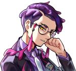  1boy black-framed_eyewear black_hair black_jacket collared_shirt corbeau_(pokemon) eyewear_strap glasses head_rest highres jacket long_sleeves male_focus mega_stone necktie open_clothes open_jacket parted_hair parted_lips pokemon pokemon_legends:_z-a purple_hair purple_shirt round_eyewear shirt short_hair short_sideburns simple_background solo spyg upper_body white_background white_necktie yellow_eyes 